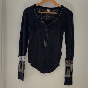 We The Free Black Long Sleeve Top with Patterned Cuffs